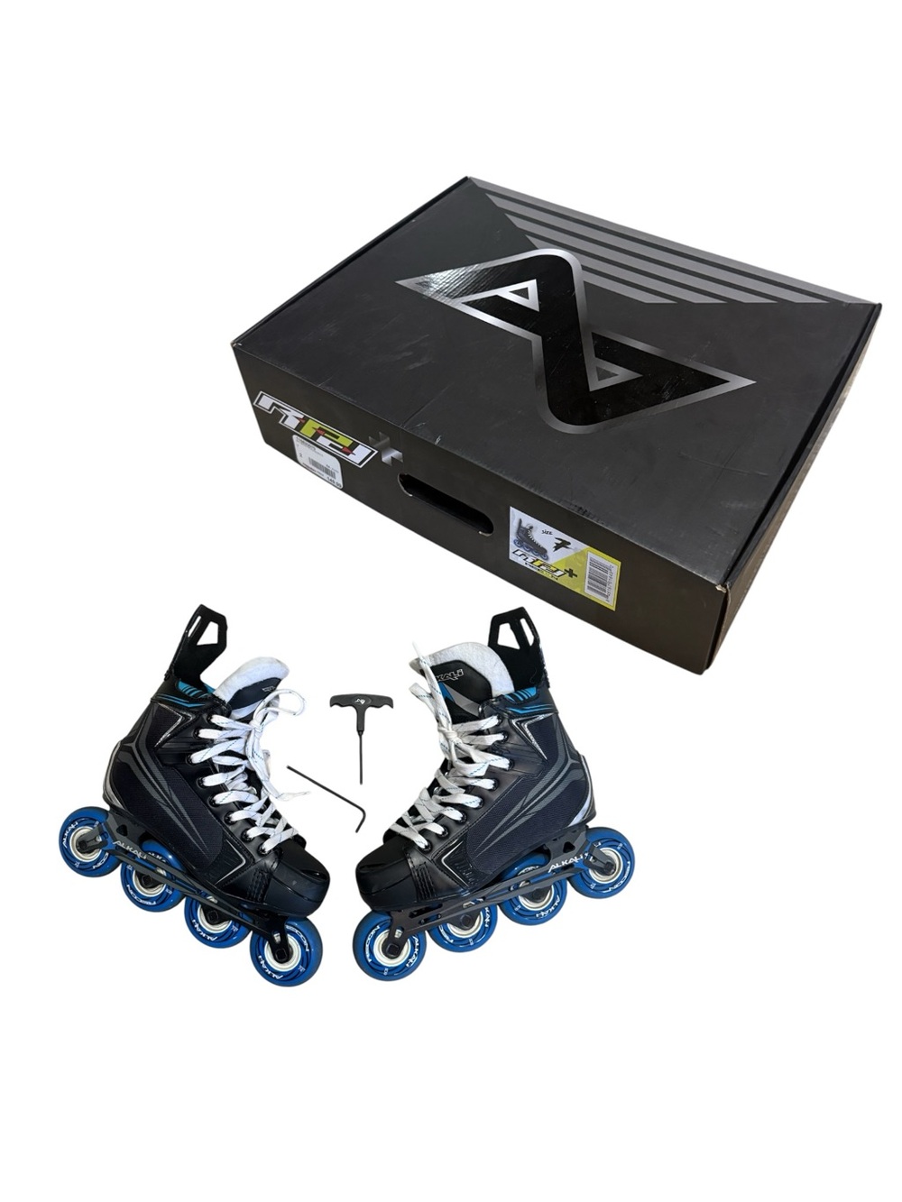 ALKALI RPD Recon + SR Inline Roller Hockey Skates Mens 7, Black Blue White